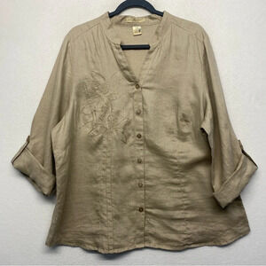 Ecologie Woman Button Down Shirt 2X Tan 100% Linen Embroidered Long Sleeve Top